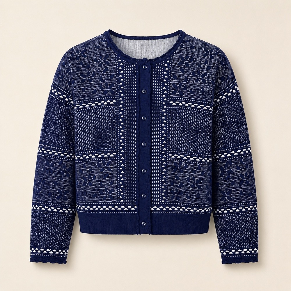 Judy Studio Size L Navy White Jacquard Button Cropped Cardigan Feminine Knit